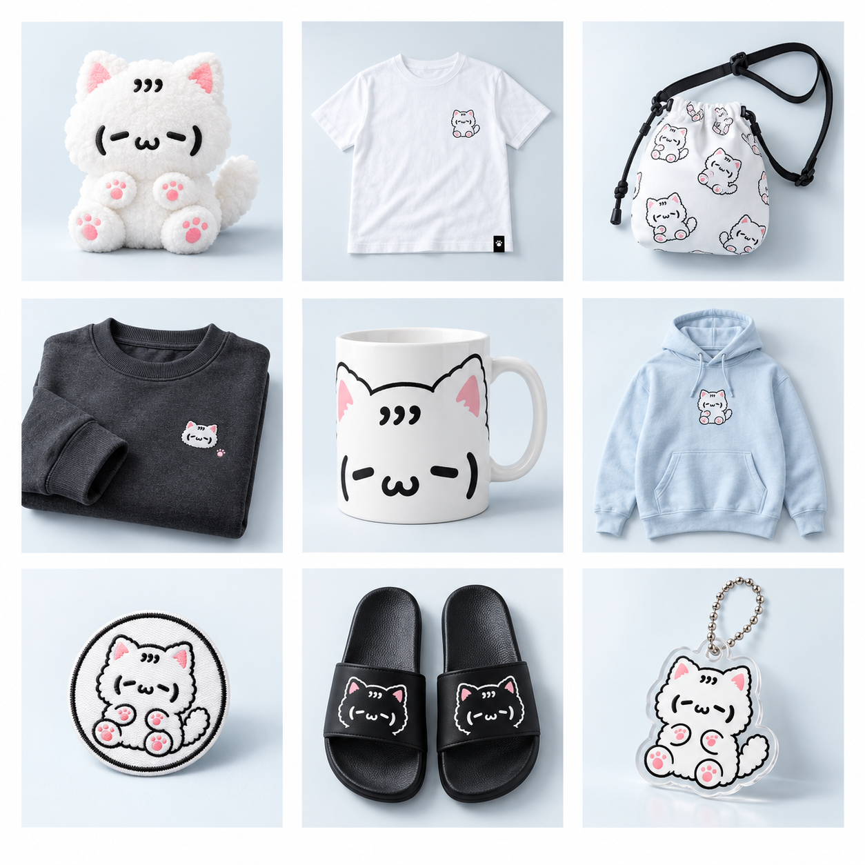 オリジナルキャラクターの架空グッズ9種を並べたコンセプト画像